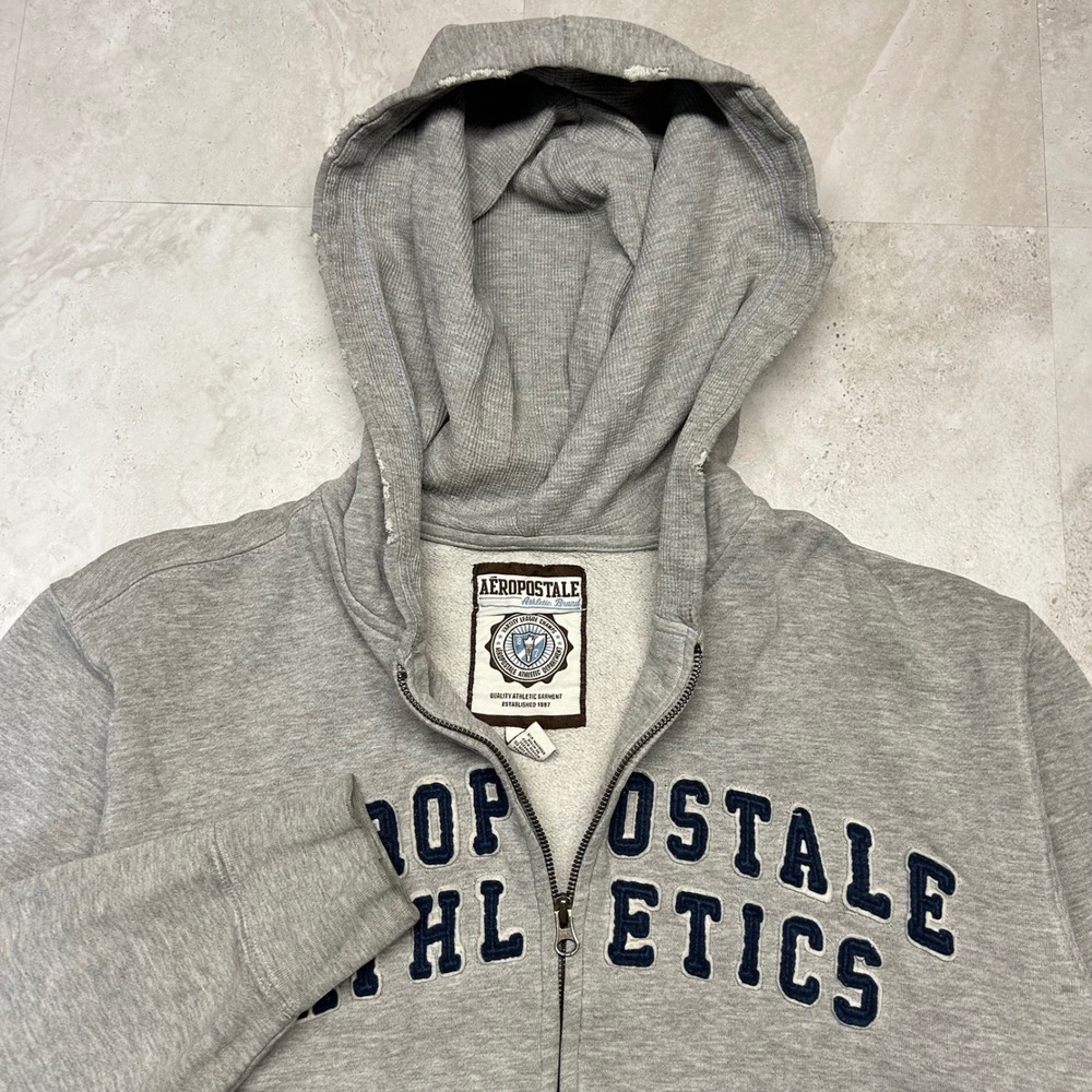 Aeropostale Athletics Zip Up Hoodie Gray Mens Large Distressed Y2K Sporty